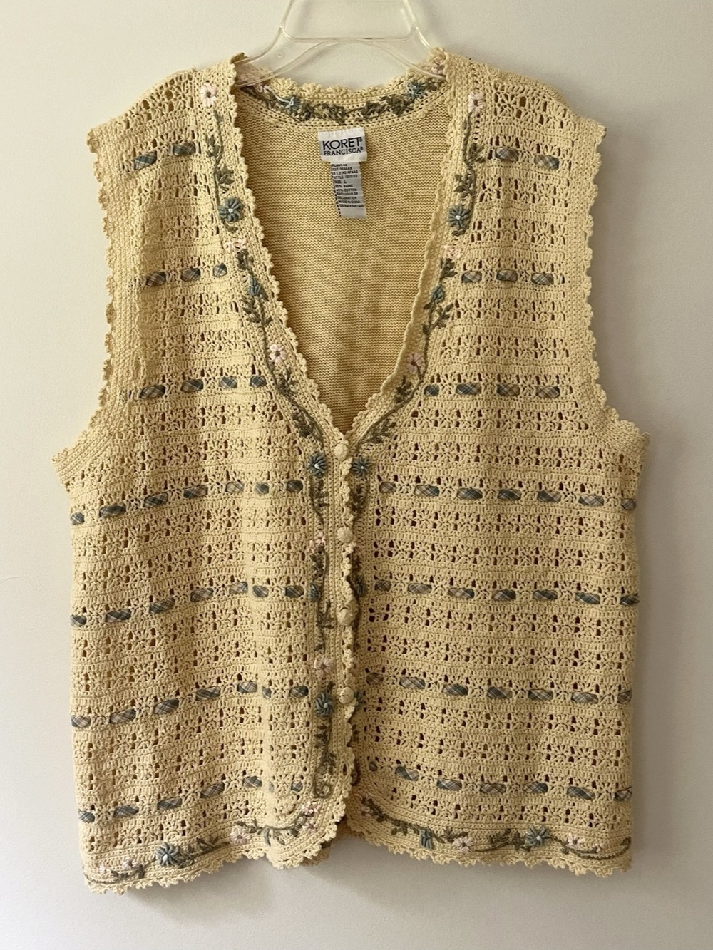 Vintage Crochet Knit Sweater Vest Cardigan Floral Cottagecore Shabby Chic Granny